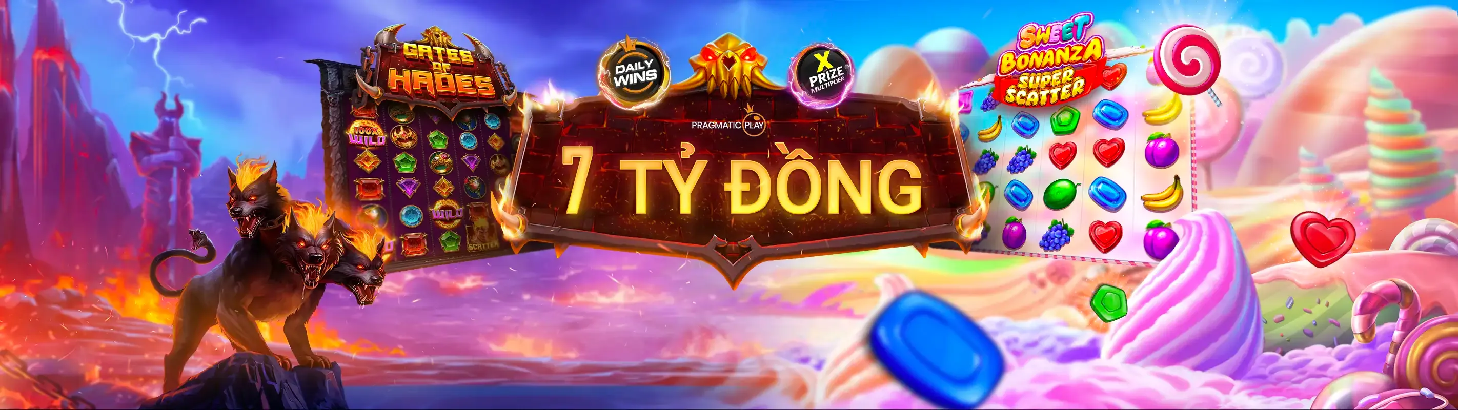 Banner chính Nổ Hũ Win2026VN với các biểu tượng game slot và tiền thưởng
